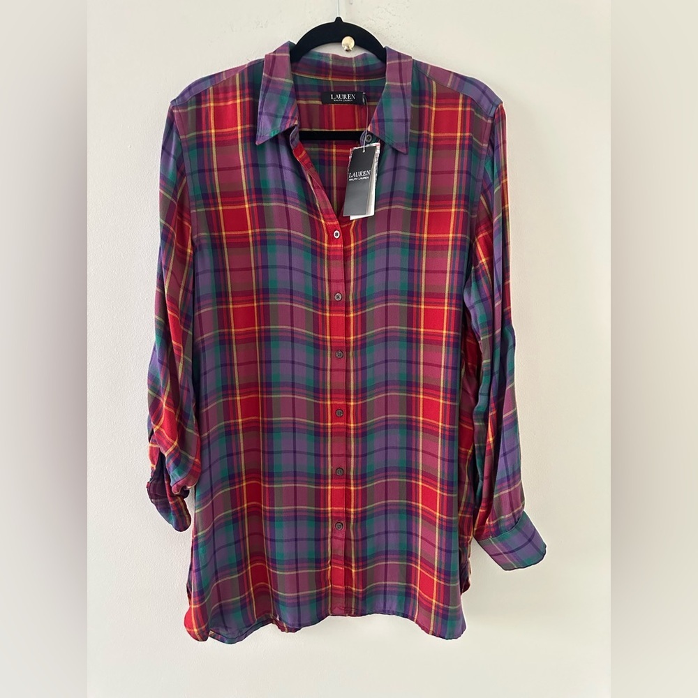 New Ralph Lauren Women's Red Plaid Roll Tab Sleeve Twill Shirt Size